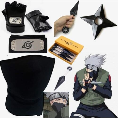 New Anime Hatake Kakashi Konoha Symbol Cosplay Props Gloves+Headband+Face Masks+Darts+Kunai Weapon Party Masquerade Accessories