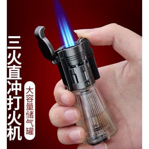 New Honest jet Turbo torch 3 flame Butane inflatable gas Cigarette lighter Vintage grinding wheel Transparent fuel tank igniter