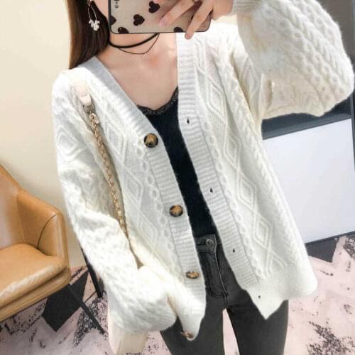 Autumn and winter new knitted cardigan womens jacket coat loose twist stripe outer v-neck solid color sweater all-match