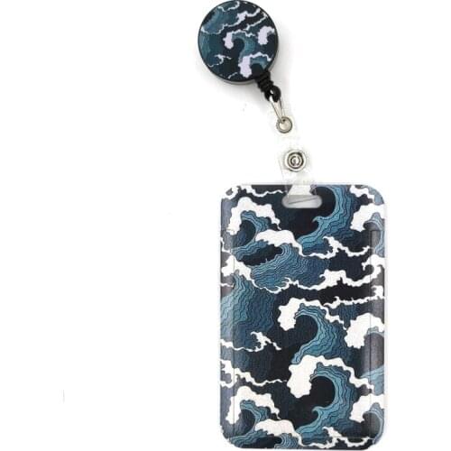 Kanagawa Hokusai Wave Cartoon Retractable Badge Reel Lanyard Nurse ID Business Credit Card Work Card Badge Holder Office Student