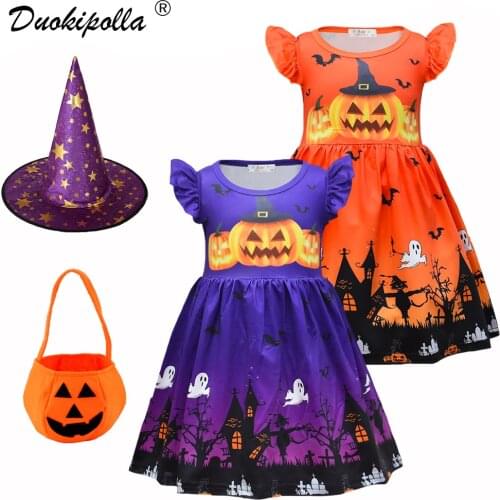 Halloween Girls Pumpkin Dress Toddler Witch Dress Baby Girls Carnival Party Clothing Childrens Costumes Witch Hat Candy Bag