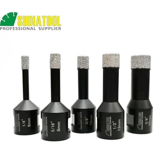 SHDIATOOL 5pcs/set 5/8-11 Thread Vacuum Brazed Diamond Dry Drilling Bits Dia 1/4"+5/16"+3/8"+1/2"+5/8" (6+8+10+13+16mm) Holesaw