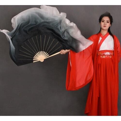 Black White Silk Fan Veils 1Pair Women Large Colorful Flowy Silk Dance Flutter Fan Veil Hand-Dyed Belly Dance Veils Fan