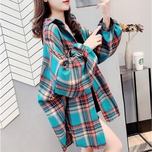 Vintage Plaid Cotton Womens Blouses 2021Spring Autumn New Loose Long Sleeve Shirt Plus Size All-match Girl Casual Tops Femme