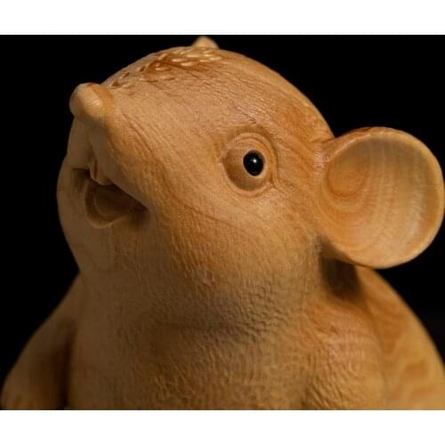 XS113-7/9CM Hand Carved Boxwood Carving Figurine Animal Statue Home Decor -Zodiac Rat Sculpture Lucky Mouse Folk Crafts