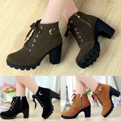 2020 High Heels Zipper Boots Winter New Women Boots PU Leather Lace Up Buckle Ankle Boots Ladies Fashion Snow Boots