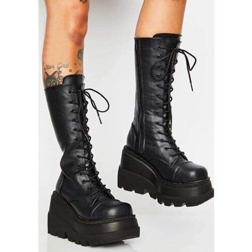 Women Platform Chunky Shoes Casual Boots Wedges Punk Goth Zipper Mid Calf Boots Fashionable Design Simple Boots Free Shipping