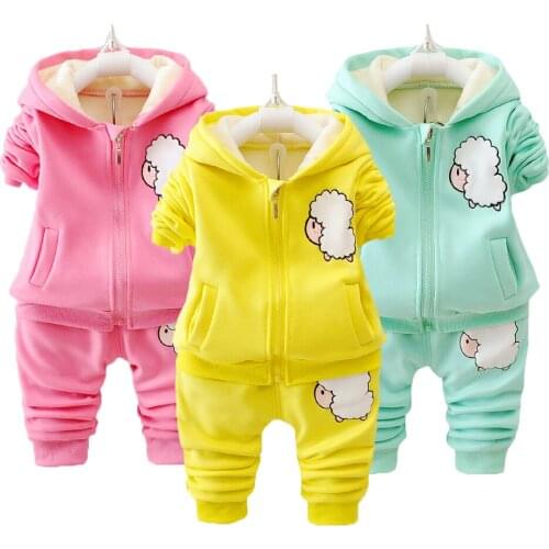 Winter Thick Warm Girls Clothing Set Cartoon Little Sheep Lining Plus Velvet Suit For GIrls Children Birthday Christmas Present