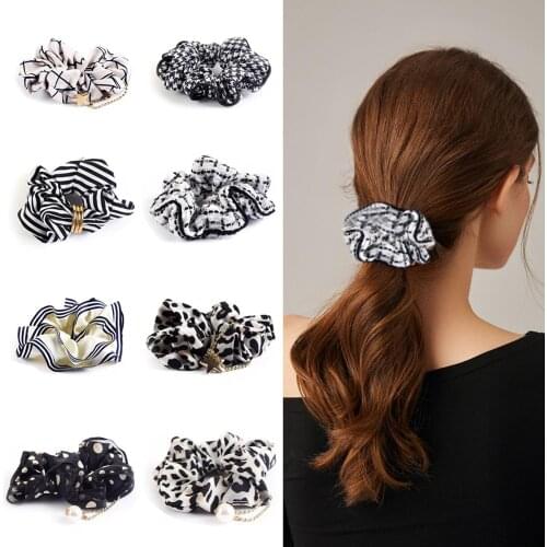 2Pcs/lot Korean Woman Girls Hair Scrunchies with Pearl Star Leopard Striped Print Elastic Tie Band French Lady Ponytail Holder