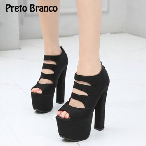 PRETO BRANCO 17Cm Stage Catwalk Shoes Super High Heel Sandals Zipper Black High Heels Female Summer Open Toe Heels ZYW-628-1