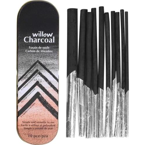 10 Pcs Willow Charcoal Sticks Art Drawing Pencils Sketch With Tinfoil Tinted Paper & Metal Box For Artist Highlight Drawing