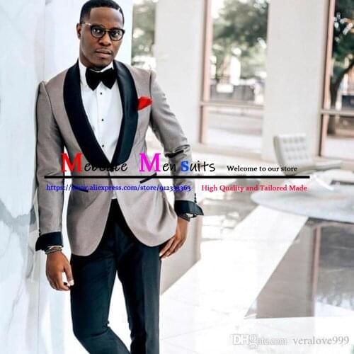 Classic grey Mens Suits Fashion Shawl Lapel Wedding Tuxedo for Groom Slim fit Groomsmen Blazer 2 Piece Sets Costume Homme 2021
