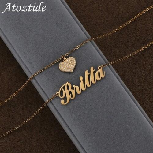 Atoztide Fashion Custom Personalized Name Stainless Steel Double Layers Necklaces Heart Crystal Pendant for Women Jewelry Gift