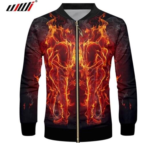 UJWI Mens Novel Zip Jacket 3D Printed Flame Hug Couple Zipper Coat Handsome Hip Hop Man Gothic Glitter Sweatshir