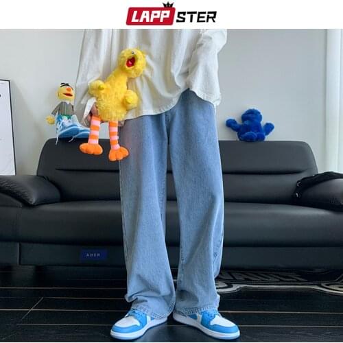 LAPPSTER Men Solid Baggy Y2k Jeans Pants 2021 Mens Harajuku Wide Leg Causal Denim Trousers Man Japanese Streetwear Jeans Jogger