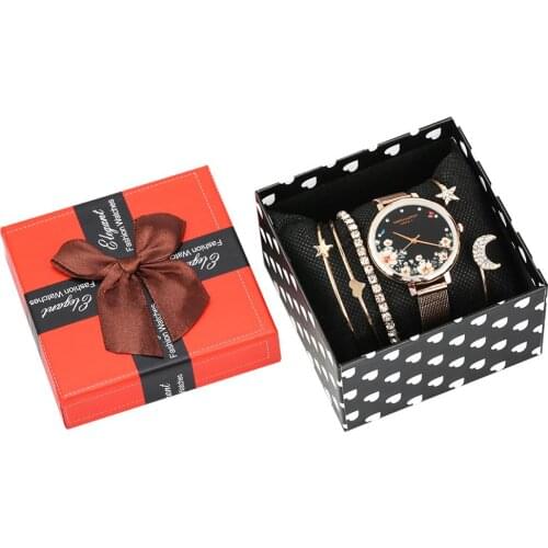 Watch Bracelet Jewelry Set for Women Quartz Watch Stainless Steel Strap Wristwatch Star Moon Bracelet Accessories Set for Girls