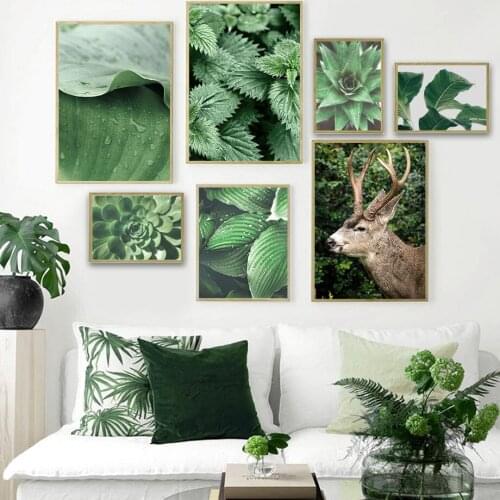 Deer Green Tropical Plant Leaf Succulents Wall Art Canvas Painting Nordic Posters And Prints Wall Pictures For Living Room Decor