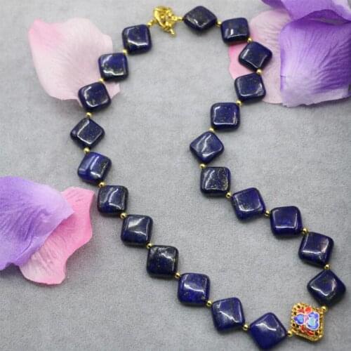 14mm natural blue lapis lazuli square beads necklace for women cloisonne chain for weddings party gifts diy jewelry 18inch B3022