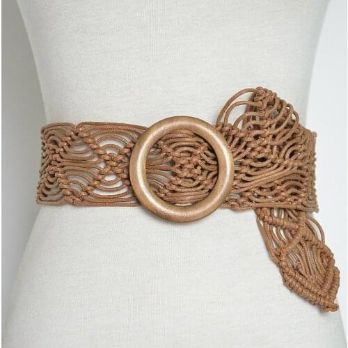 TEELYNN Round Wood Buckle Waistband Vintage Boho Beach Dress Handmade Belts Wide Woven Braided Rope Crochet Knitted Belt Women