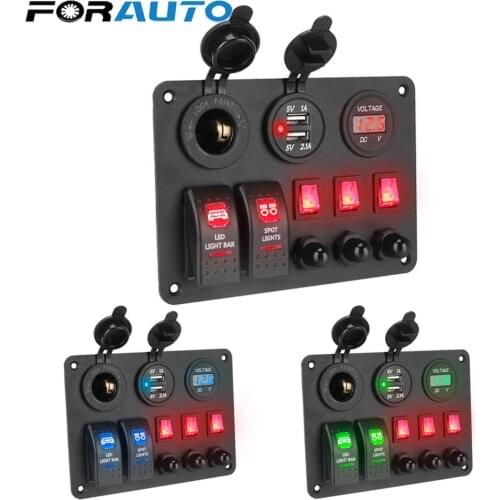With Overload Protector Car Marine RV Circuit LED Breaker Dual USB Ports 2+3 Gang Rocker Switch Panel Digital Voltmeter