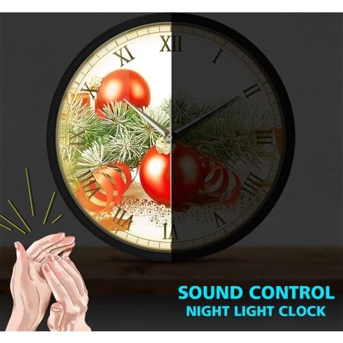 Merry Christmas Metal Frame LED Wall Clock Funny Clap Sound Control Holiday Home Decor Wall Hanging Clocks Watch Modern Design