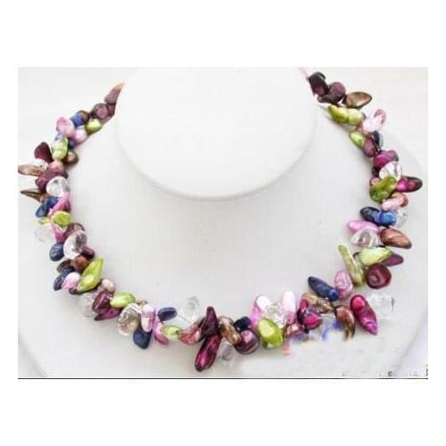 Unique Pearls jewellery Store 2rows Green Purple Pink Real Pearl Crystal Beads Baroque Necklace Charming Women Party Gift