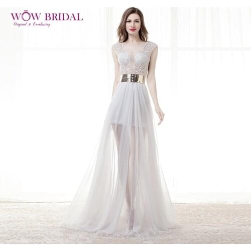 Wowbridal 2021 Graceful A-Line Evening Dresses O-Neck Hollowed-out Pattern Appliques Chiffon Sweep Train Women Gowns with Sash