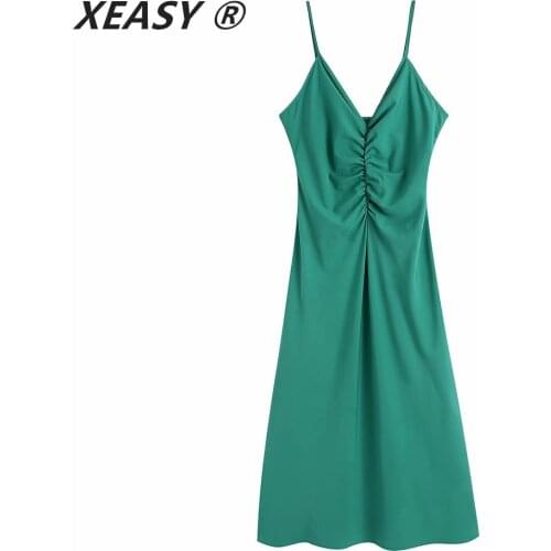 XEASY Za 2021 Green Gathering Slip Long Dress Women Summer Backless Spaghetti Strap Midi Sexy Dresses Elegant Woman Party Dress