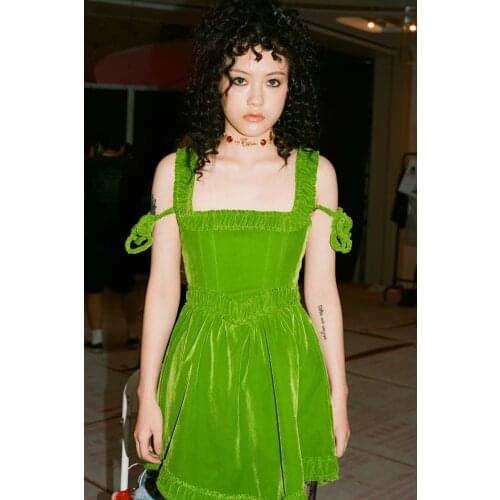 Green suede lace-up sweet high-waisted thin summer new fluffy dress