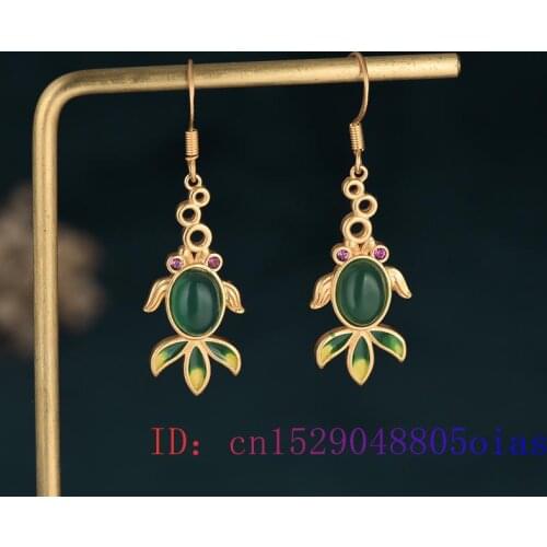 Green Jade Goldfish Earrings Zircon Charm Crystal Natural Chalcedony Amulet Jewelry Gifts Gemstone Fish Women 925 Silver