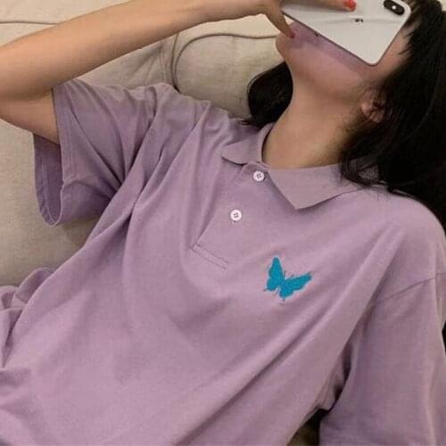 Butterfly Embroidery Polo Collar Vintage Streetwear Woman Tshirts Short Sleeve Casual Teens Japanese Fashion Tokyo Shirt Summer