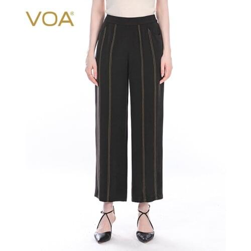 VOA Silk 30m/m Black Heavy Elastic Waist Slit Pocket Decorative Open-Line Retro Crisp Skin Wide Leg Pants for Women KE121