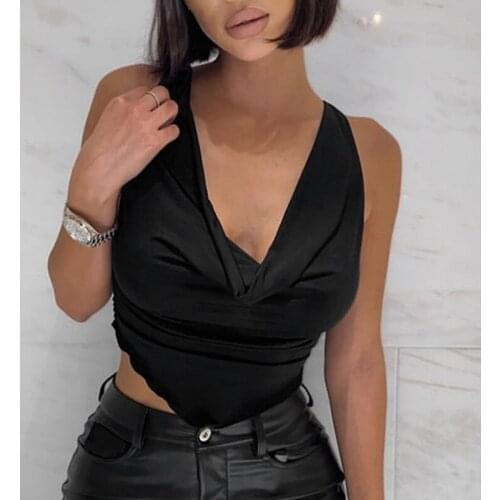 Kili Womens Solid Color Sexy Camisole Summer Sleeveless Low-Cut V-Neck Slim Fit Ruffled Irregular Camisole Top