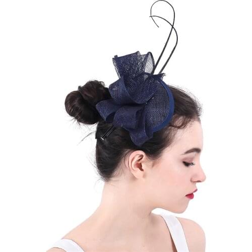 Navy Bride Wedding Headwear Women Elegant Party Dinner Headpiece Formal Dress Sinamay Fascinator Hat Accessories Lady Hair Pins