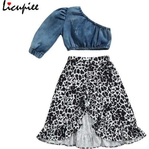 2-7 Years Sleeveless Top Girls Skirt Two Piece Suit Fashion Solid Denim Oblique Shoulder Tops and Leopard Mid-length Skirt