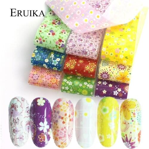 10pcs Mix Designs Nail Art Foil Transfer Foil Stickers Paper Colorful Flower Adhesive Decals Wrap Slider Tape Nail Decoration