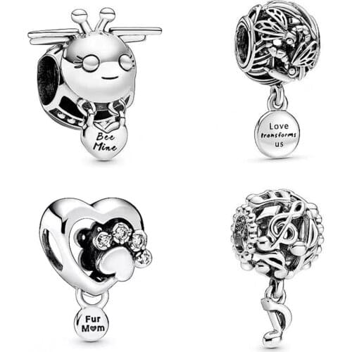 BaoFu New 925 Sterling Silver Beaded Heart-shaped Note Footprints Bee Women DIY Beaded Jewelry For Snake Chain Bracelets