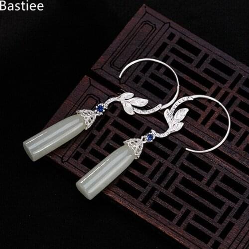 Bastiee Silver 925 Jewelry 925 Sterling Silver Earrings Dangle Earrings Vintage Inlaid Jade Korean Earrings Silver