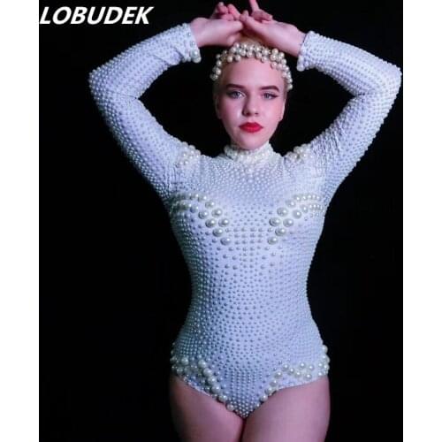 Long Sleeve White Peal Bodysuit Sexy Women Prom Birthday Celebration Skinny Bodysuits Nightclub Singer Dancer DJ Show Costume