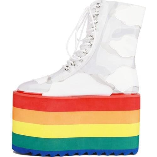 Fashion Women Rainbow Heels Boots High Platform Mid Calf Boots Female Sexy Transparency Pvc Lace Up Party Shoes