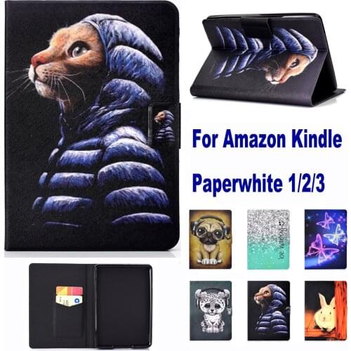 Stand Card Slot Case For Amazon Kindle Paperwhite 3/2/1 6 Inch 2013/2014/2015 Release Case Cat Dog Rabbit case coque para capa
