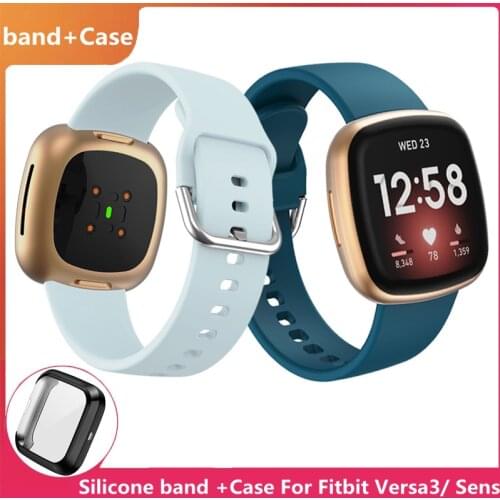 Case + Silicone Band for Fitbit Versa 3 Smart Watch Double-Buck Waterproof Small Large Women Men Bracelet Band for Fitbit Sense