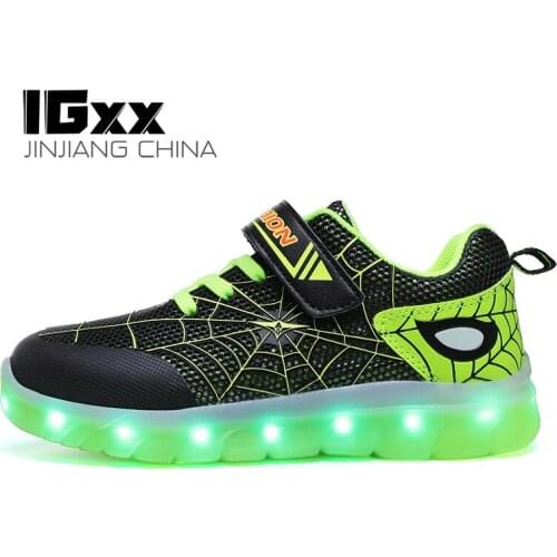 IGxx LED Light Up Shoes For Kids Spider Zip HooK&Loop Spider Web USB Charging Glowing Shoes LED Child Luminous LED Sneakers Boys