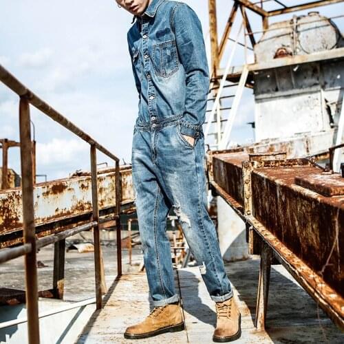 Overalls Hip-hop Denim jacket Suit Mens Korean-style Slim Denim jacket Retro Locomotive tooling Bodysuit Size M-XXL