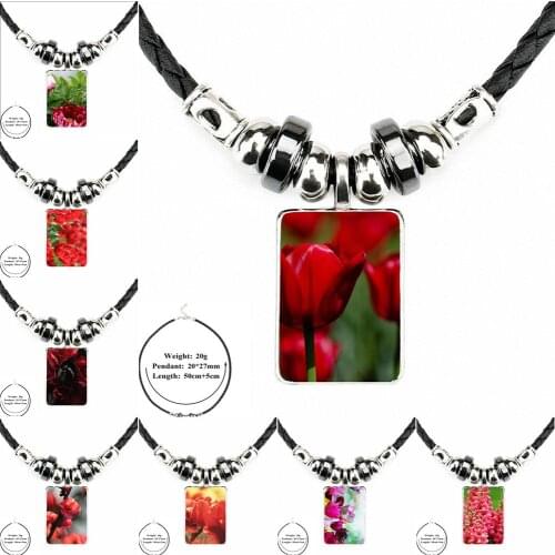 Reds Tulips Flower With Bubble Foam Glass Jewelry Black Leather Bead Pendant Glass Cabochon Choker Necklace For Women Kids Gift