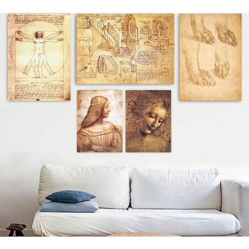 Leonardo Da Vinci Studies of a BeWalking Drawings of Water Lifting Devices Study for the Head of Leda wall painting arts prints