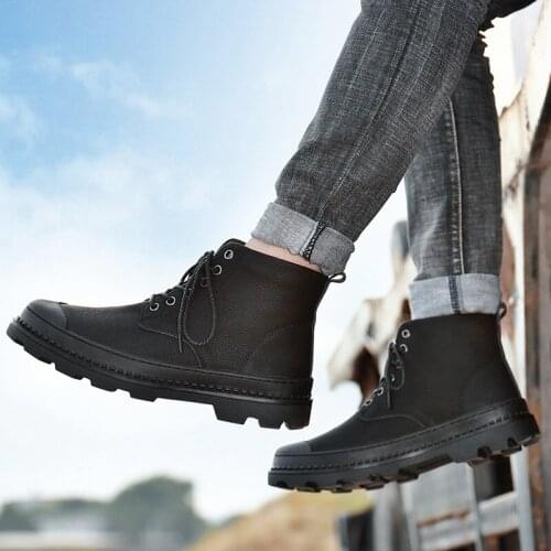 High Quality Leather Boots Men Autumn/Winter Casual Ankle Boots for Male Lace-Up Tooling Shoes Man Platform Boots Size 38-45