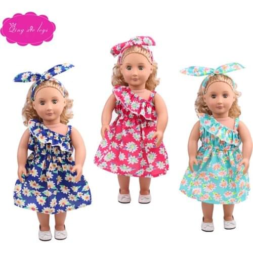 18 inch Girls doll clothes Summer print dress + headband American newborn dress Baby toys fit 43 cm baby dolls c515