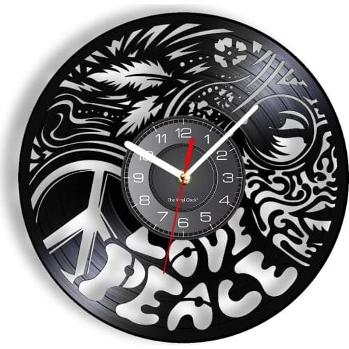 Peace & Love Inspired Vinyl Record Wall Clock Anti-war Sign Tattoo-face Girl Aboriginal Style Luminous Wall Watch Unique Artwork