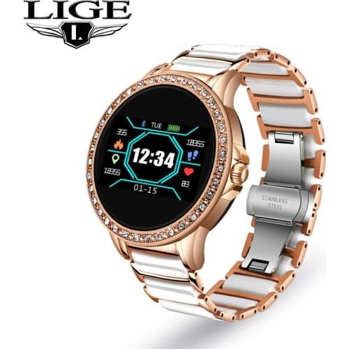 LIGE New Smart Watch Heart Rate Blood Pressure Information Reminder Sports Waterproof Smart Watch Women Ceramic Strap Smartwatch